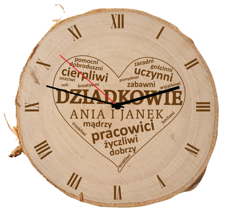 Zegar na plastrze brzozy z grawerem dla dziadków