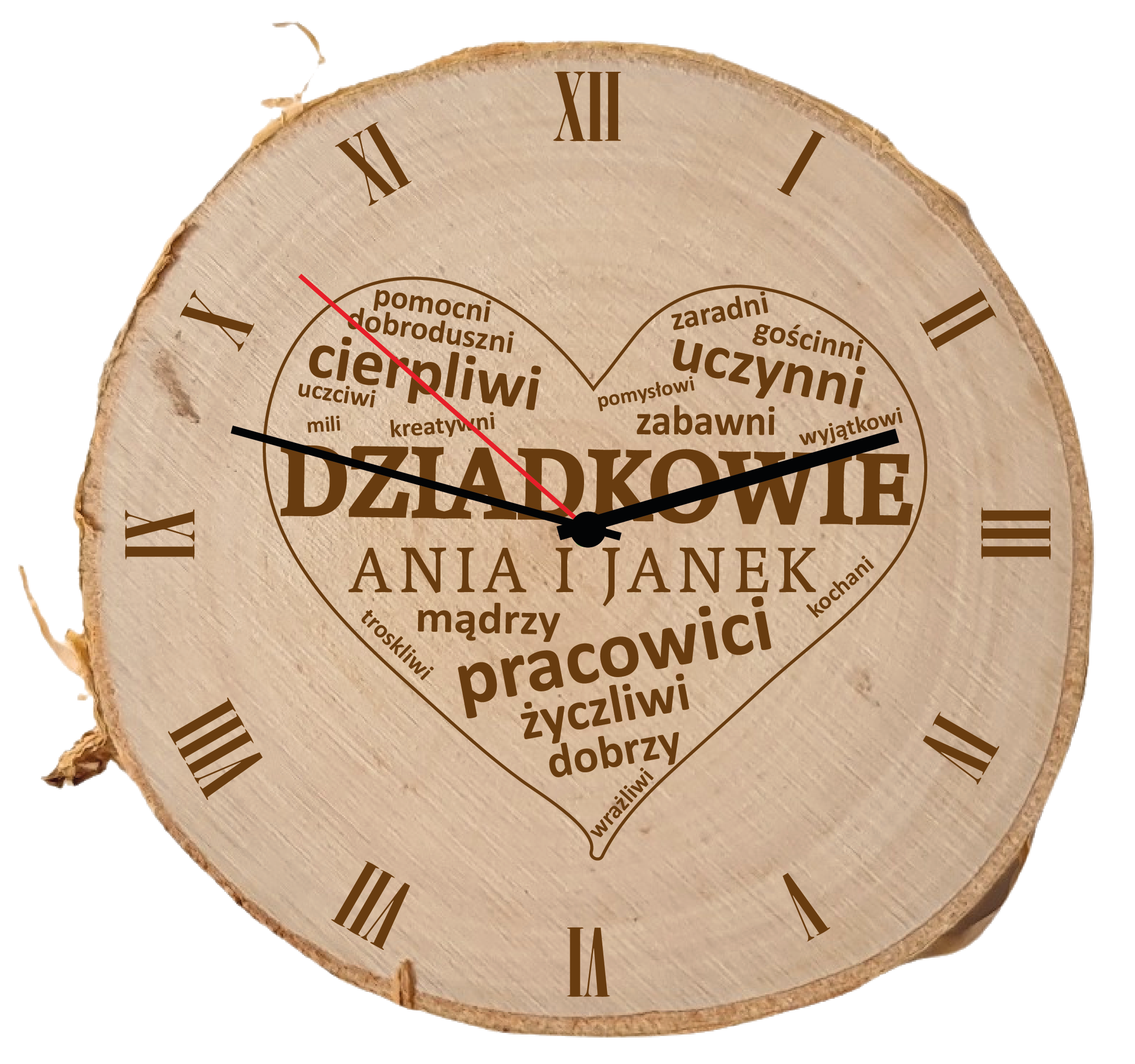 Zegar na plastrze brzozy z grawerem – prezent na Dzień Babci i Dziadka Serce