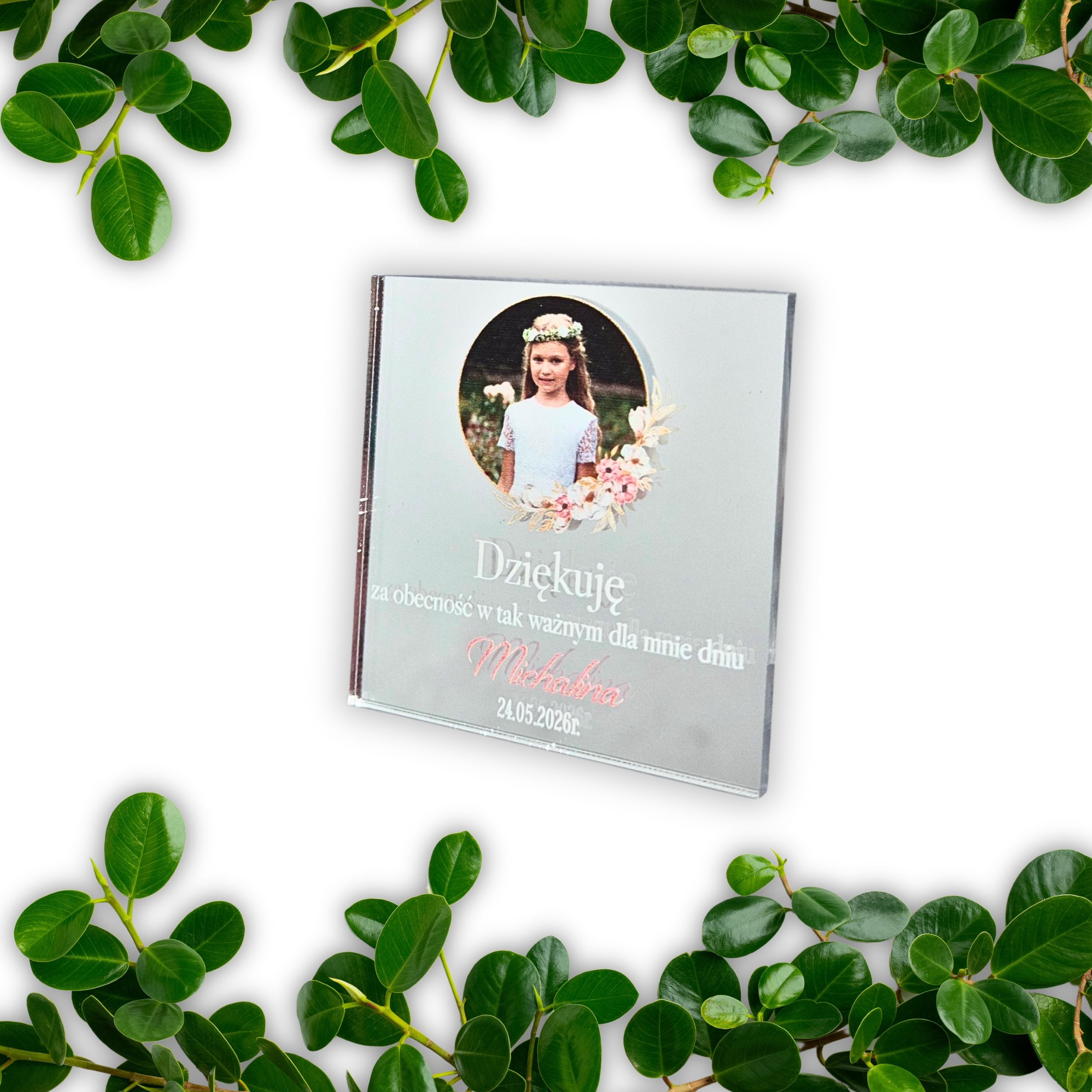 Lustrzany magnes z zdjęciem kwadratowy, dla dziewczynki  - podziękowania dla gości komunijnych 