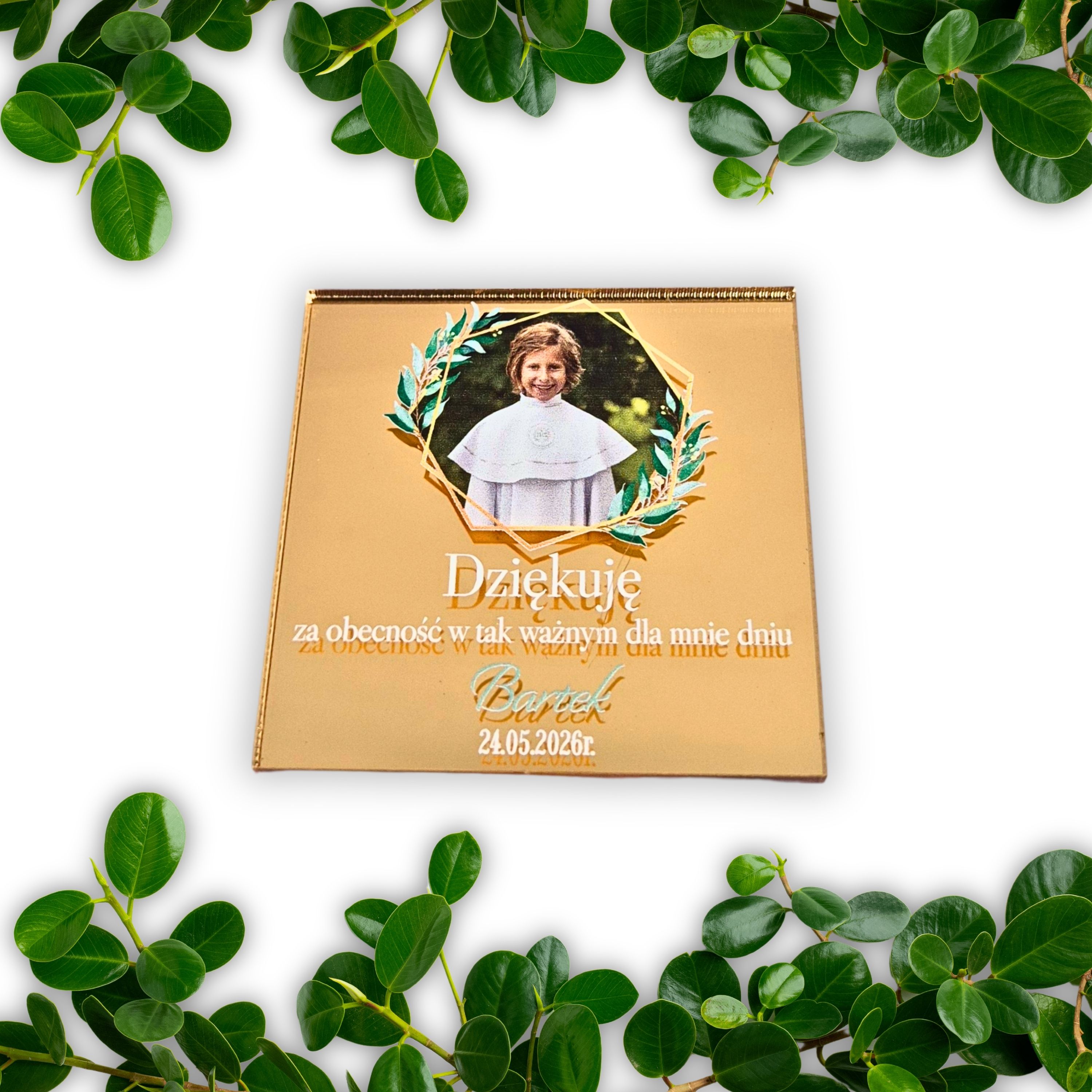Lustrzany magnes z zdjęciem kwadratowy dla chłopca  - oryginalne podziękowania dla gości komunijnych 