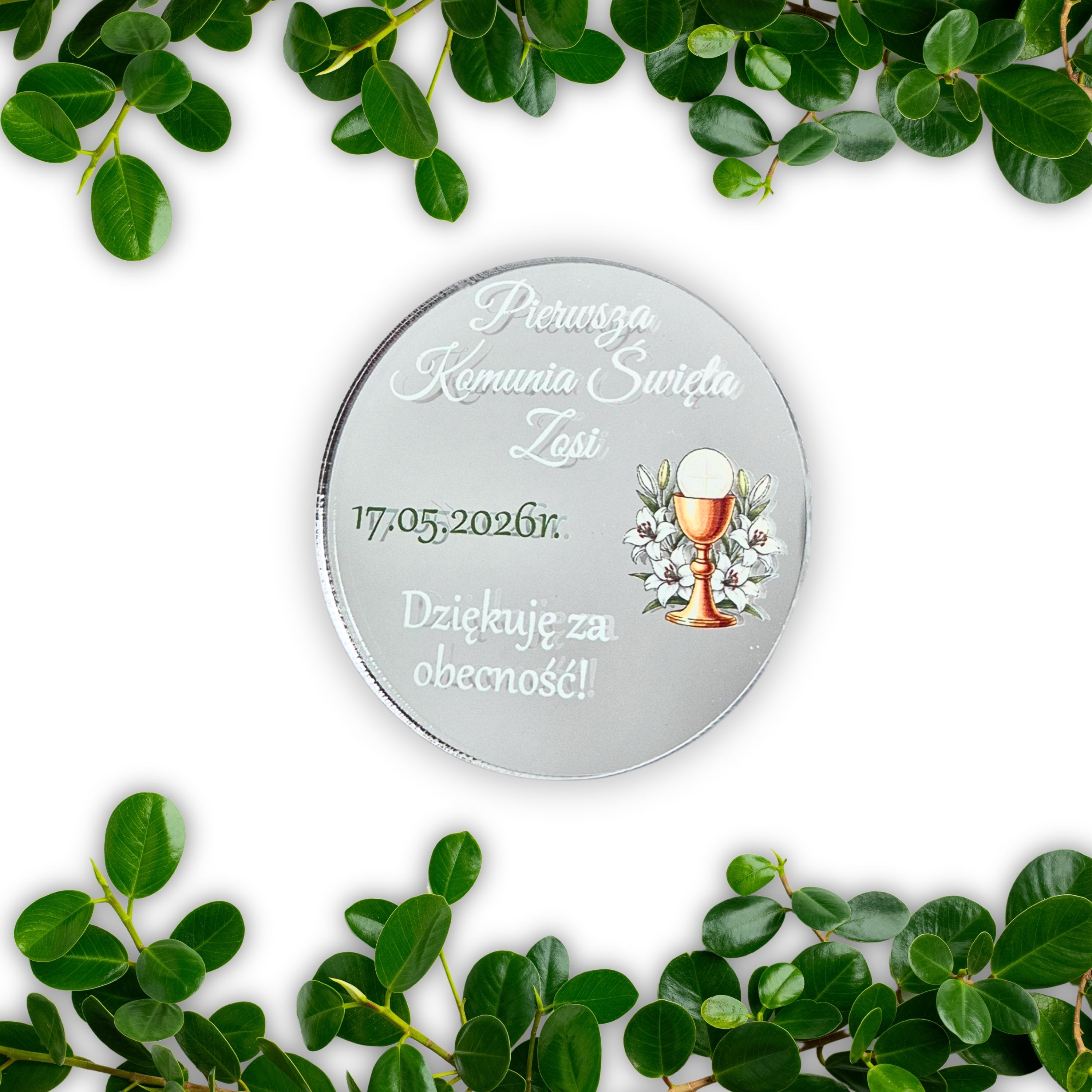 Srebrny lustrzany magnes - Personalizowane podziękowanie na Komunię dla gości 