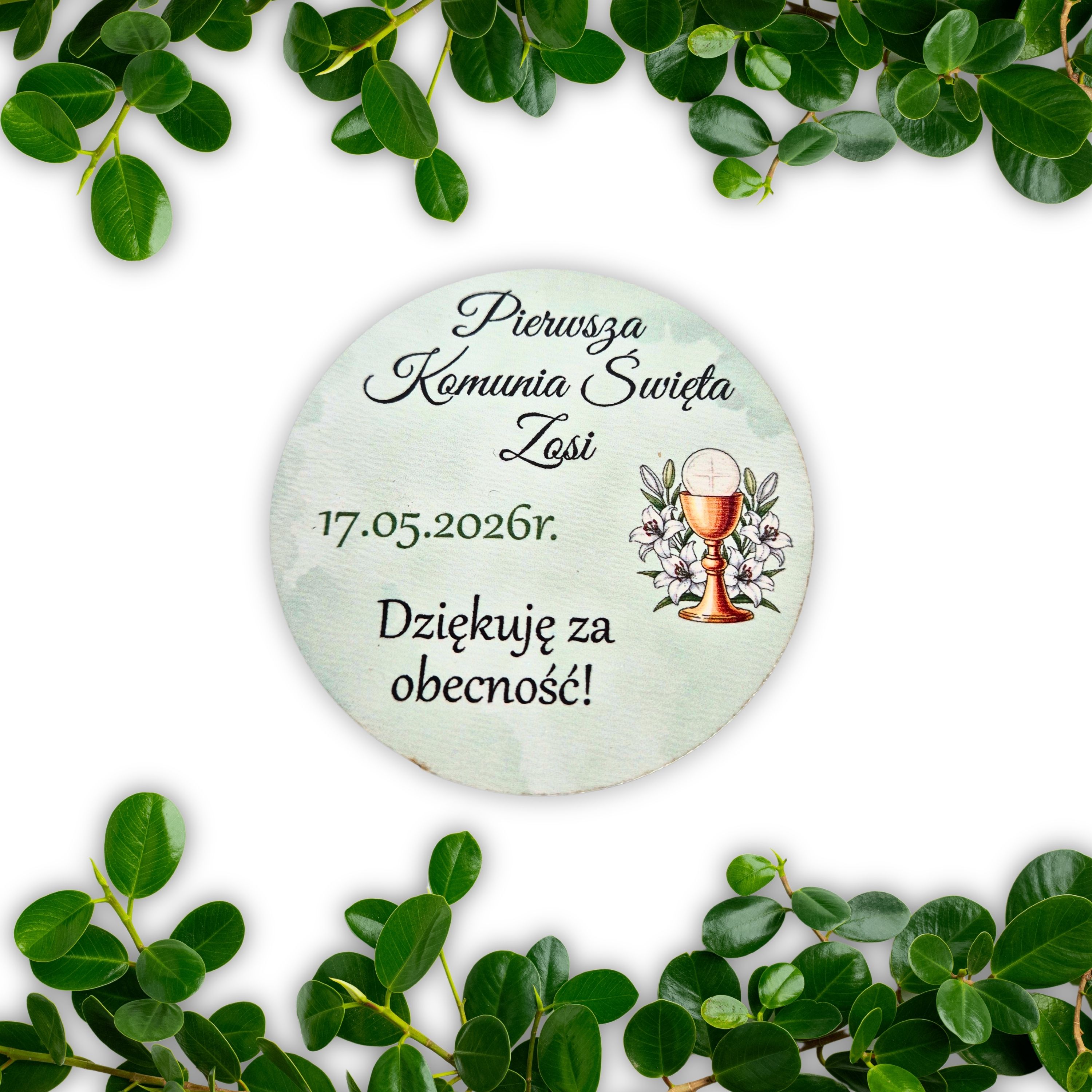 Drewniany magnes - Personalizowane podziękowanie na Komunię dla gości  