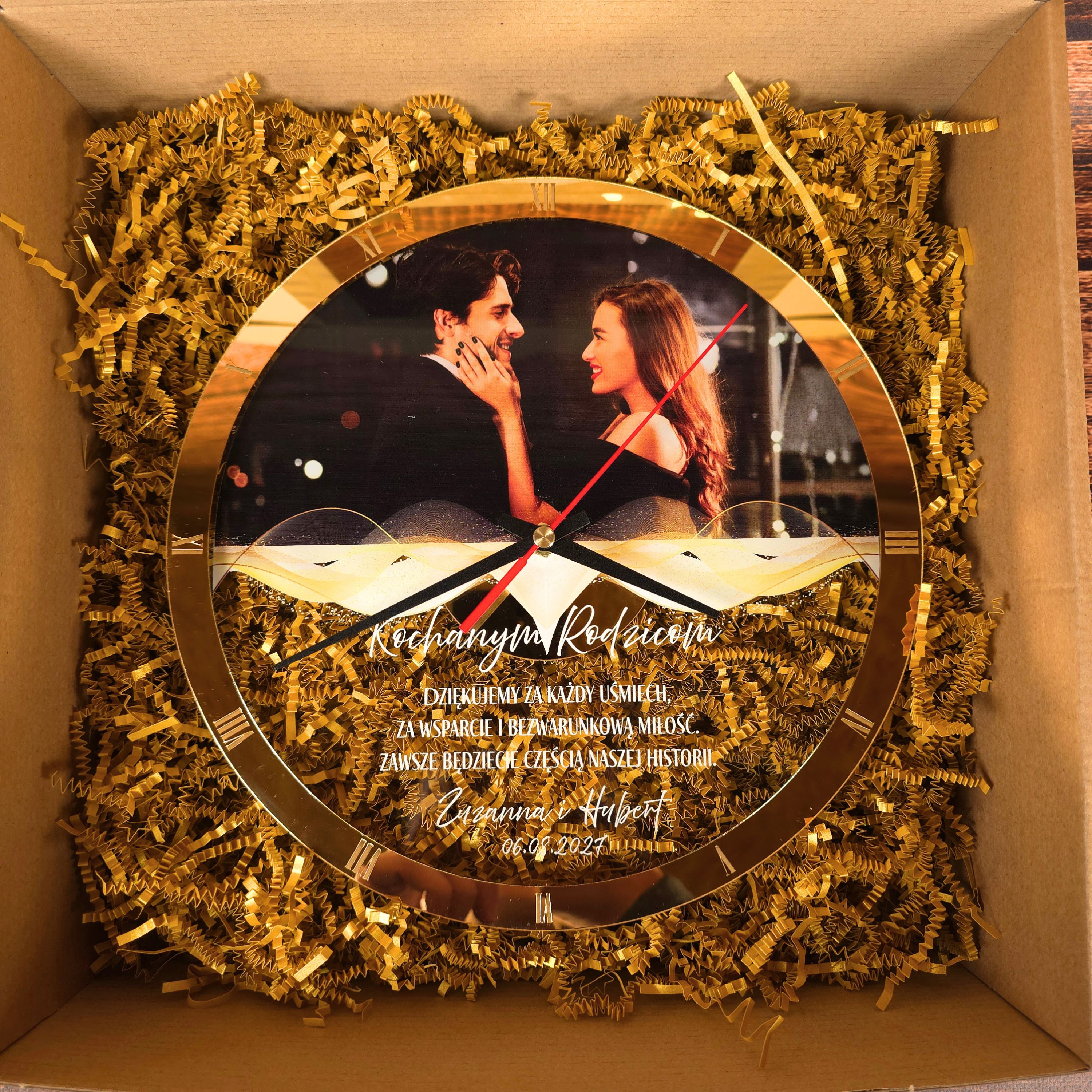 Podziękowanie dla rodziców na ślub wesele Zegar z zdjęciem i złotymi detalami w pudełku prezentowym